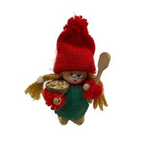 Vintage 3" Wooden Swedish Tomte Girl Holding Food Bowl & Wooden Spoon Handmade